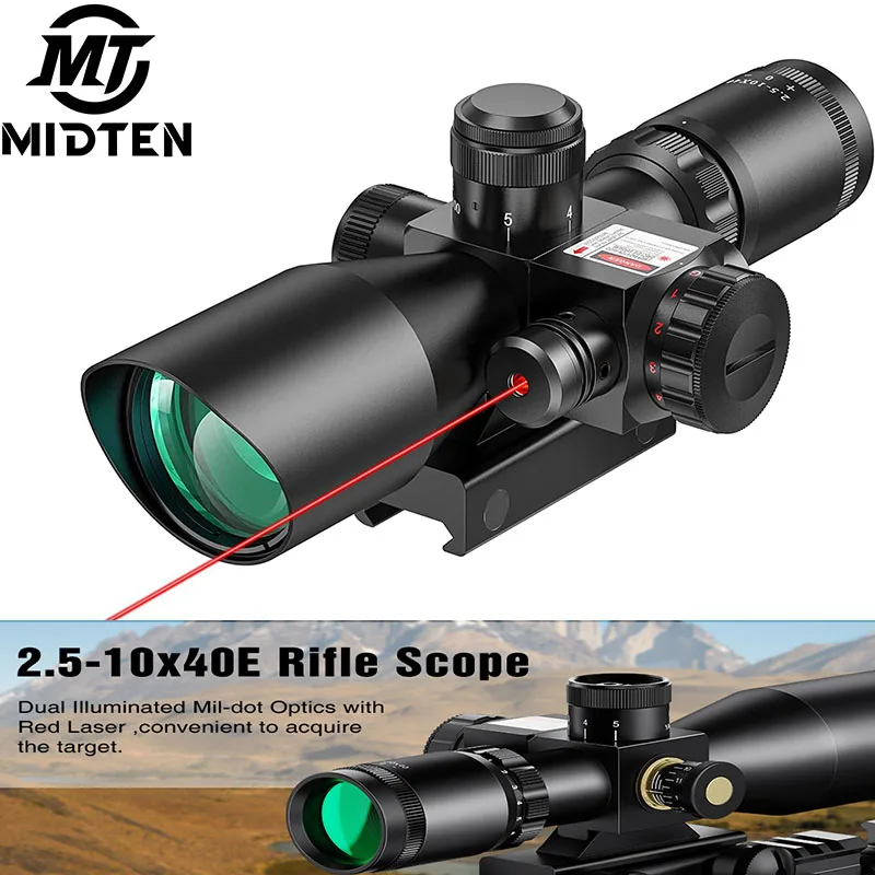 MidTen 2.5-10x40 Red Green Illuminated Mil-dot Scope 20mm Picatinny Fit Rifle with Laser Sight Combo-Green Lens Color Mounts