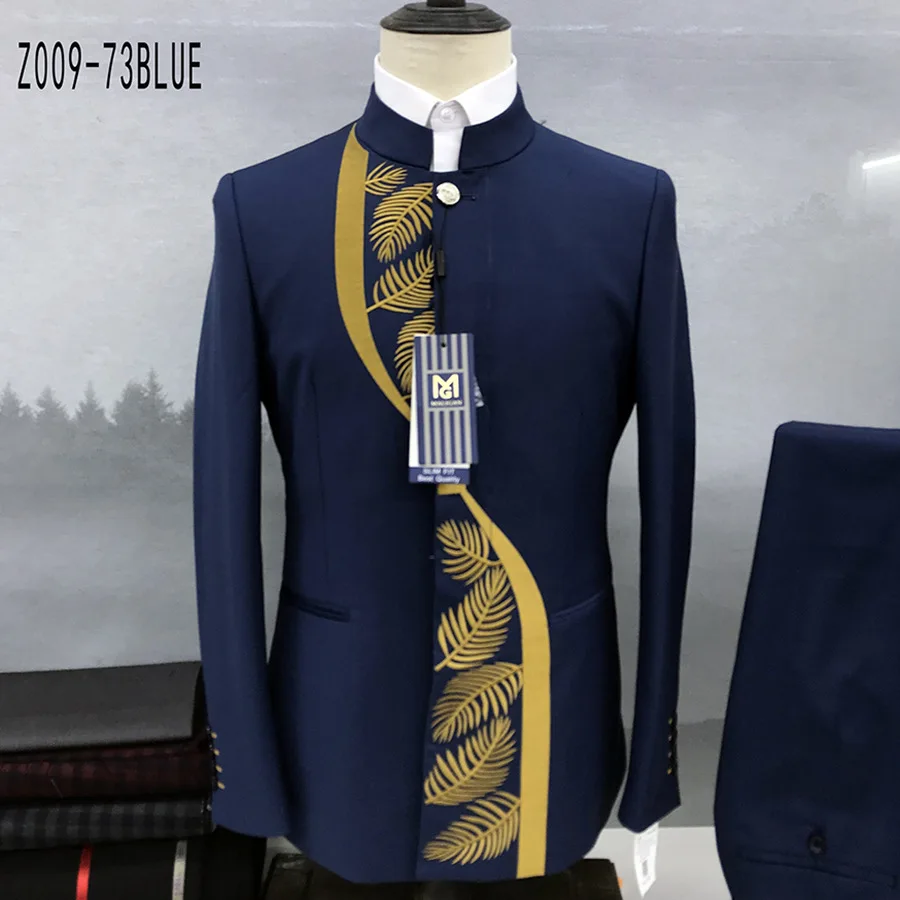

2023 Fashion New Men's Casual Boutique Chinese Stand Collar Tunic Design Suit 2 Piece Set Blazers Jacket Coat Pants Trousers