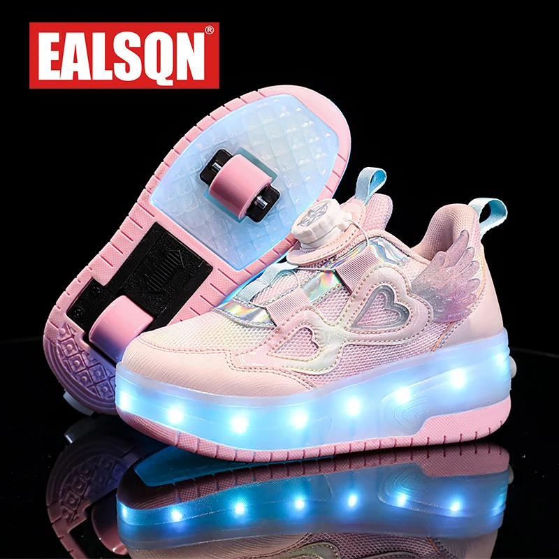 Zapatillas de deporte luminosas con ruedas para niños y niñas, zapatos de Skate con luz Led rosa, carga USB