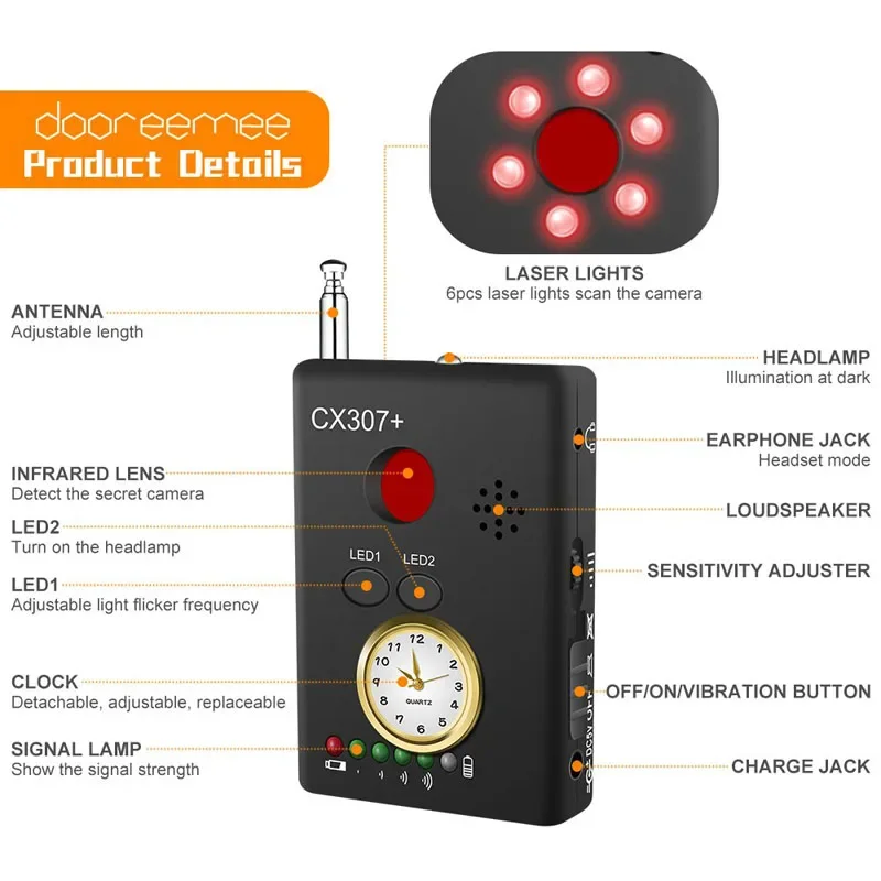 Vodasafe High Accuracy Anti- Hidden Camera Wiretapping Tracker Tamper Alarm Feature for 2G 3G 4G Signal RF Device Detection