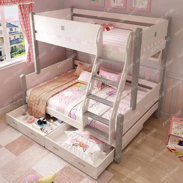 Nordic Style Small Apartment All Solid Wood Bunk Bed With Slide Princess Up Down Children Bedroom Bed Multifunctional Furniture