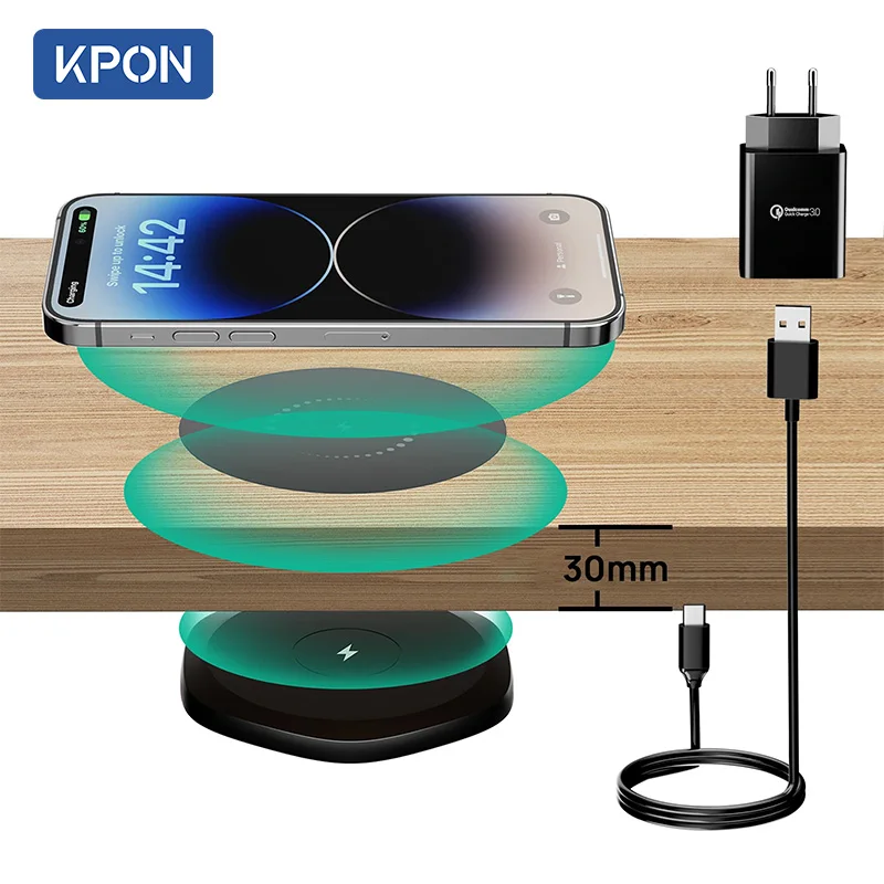 Wireless Charger Wireless Phone Charger Wireless Charging Pad Wireless Charging Station KPON Invisible Wireless Charger 30mm Under Table QI Charger Furniture Desk Wireless Charging Station for iPhone 14/13/12/11/X/8