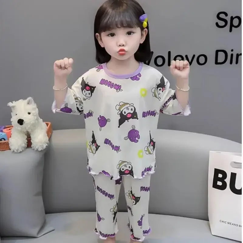 

Sanrios Kawaii Kuromi Kids Summer Thin Pajama Set Cartoon Round Neck Loungewear Anime Soft Nightwear Breathable Nighty Girl Gift