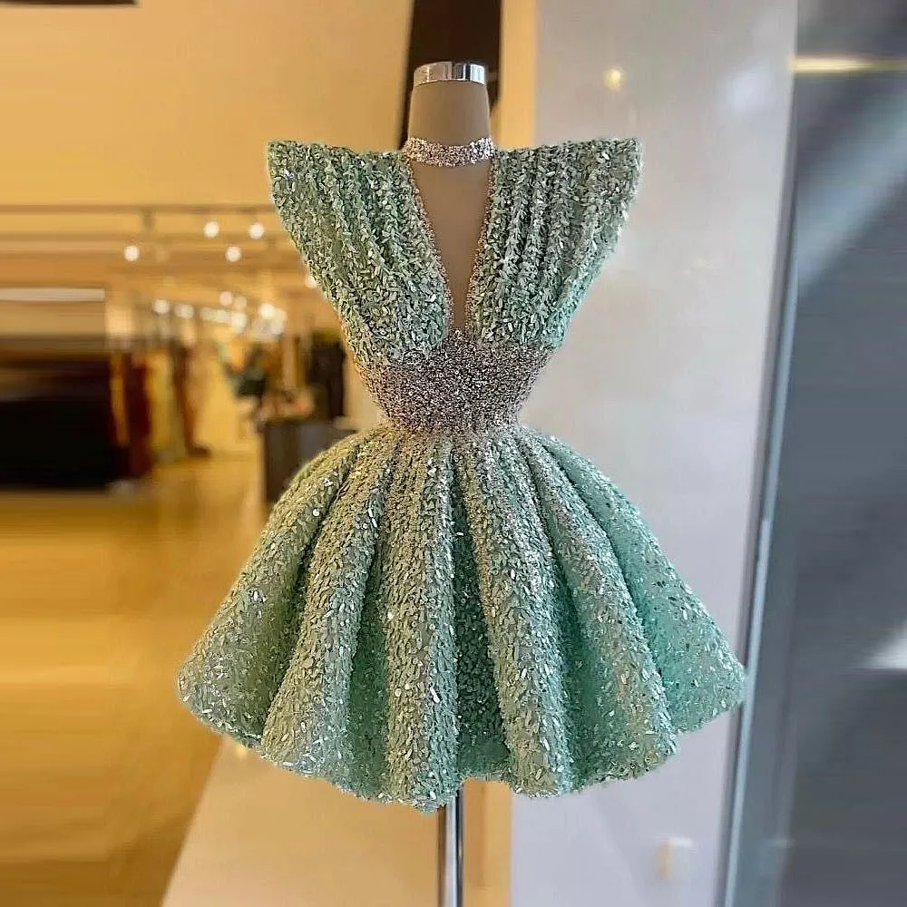 Evening Dresses Cocktail Dress Sequined Sage Cocktail Party Dress High Neck Beads Sequins A Line Short Prom Dress Yong Girls Birthday Gowns for Photo Shoots