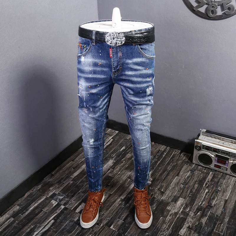 Street Fashion Men's Jeans Elastic Slim Fit Split Colored Painted Wash Blue Jeans Designer Brand Pants