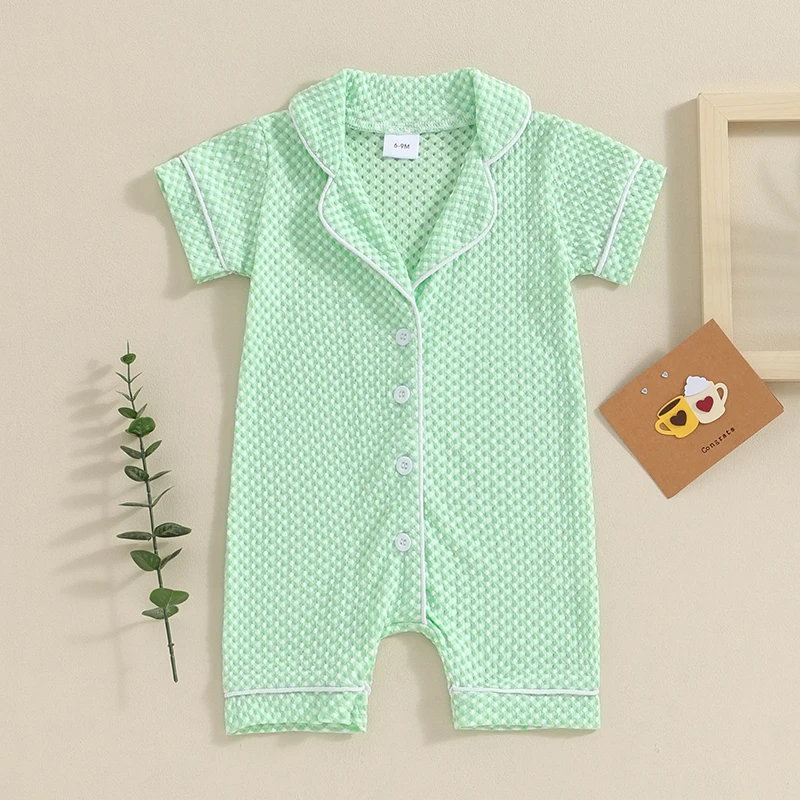 

BeQeuewll Baby Boys Girls Jumpsuits Short Sleeve Lapel Collar Button Down Textured Rompers Newborn Pajamas For 0-18 Months