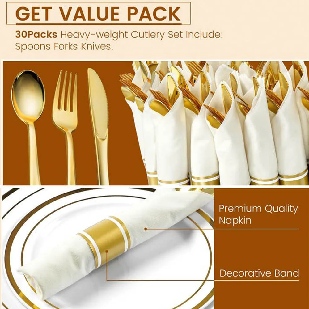 40 Pieces of Pre-Rolled Golden Plastic Silverware Disposable Cutlery and Napkin Suitable for 10 People Dinner Party Wedding