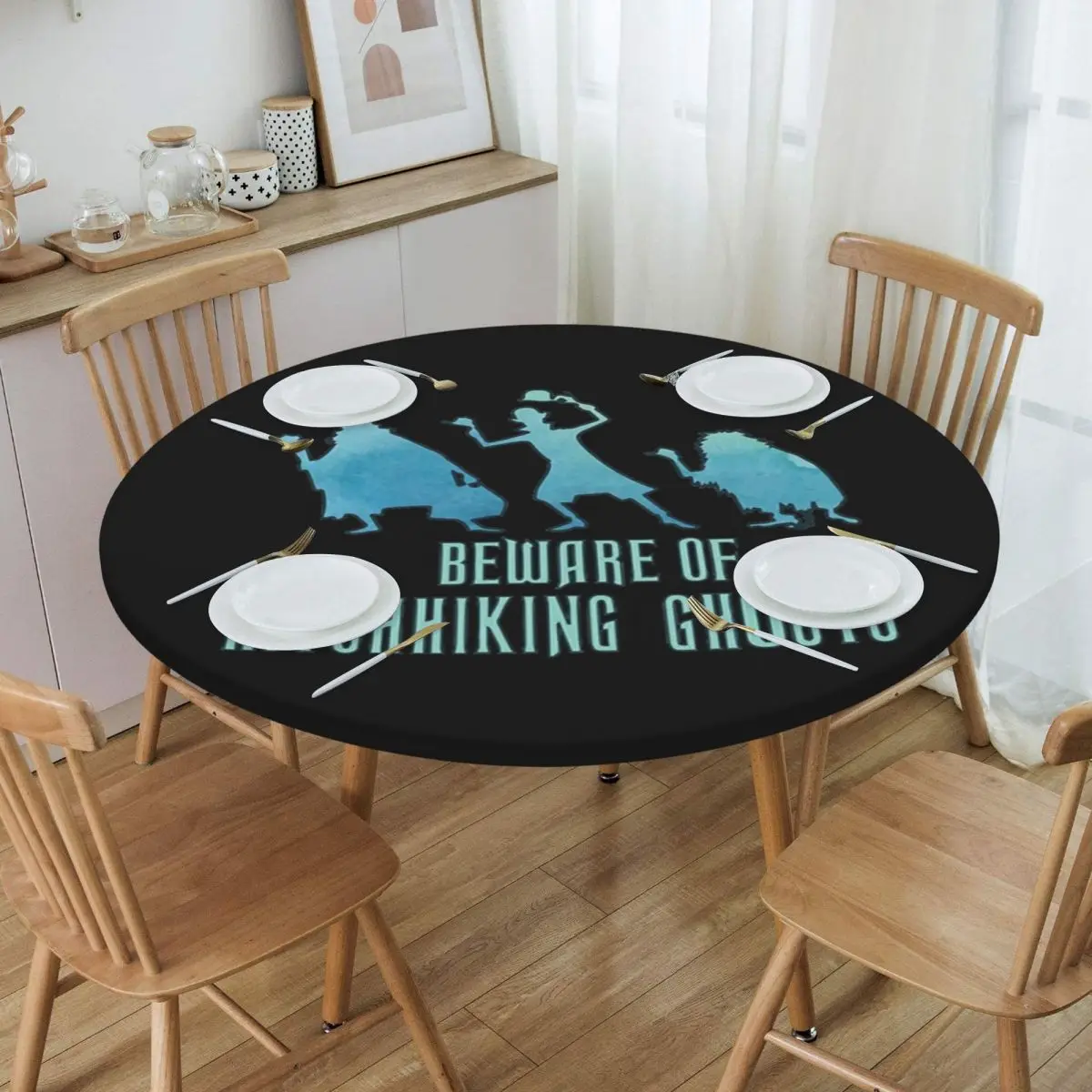 

Beware Of Hitchhiking Ghosts Tablecloth Round Elastic Waterproof Haunted Mansion Table Cloth Cover for Kitchen