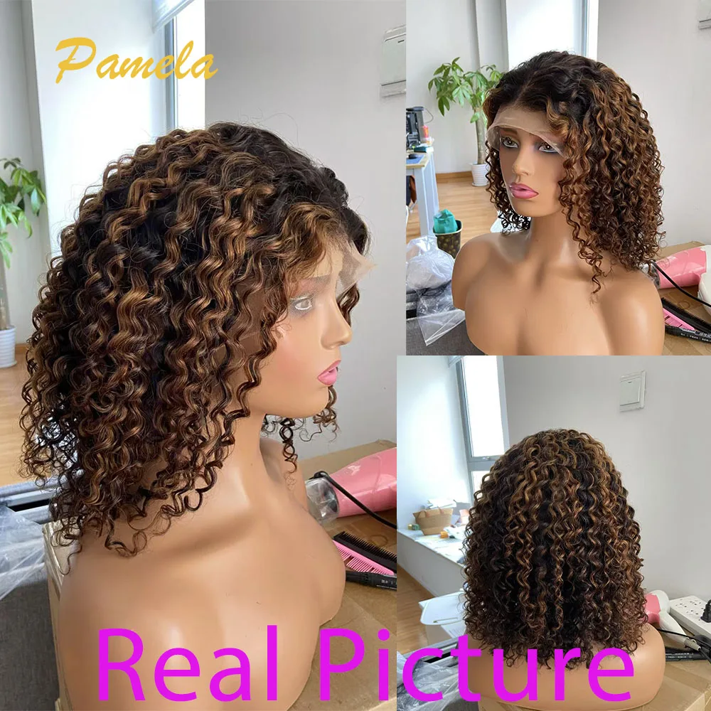 Ombre Blonde Wear and Go Glueless Short Curly 250% Density Human Hair Wigs Princess Hair Ready To Wear Lace Frontal Wigs