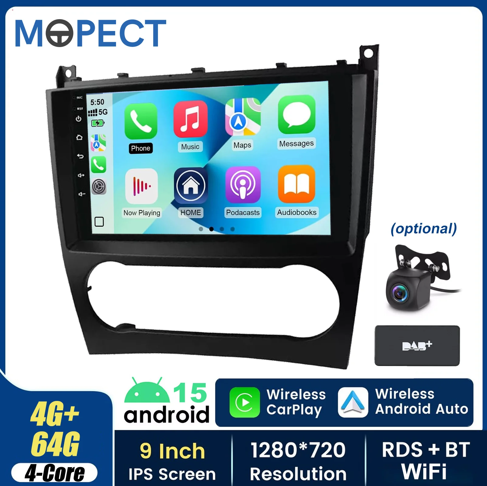 MOPECT 2+32G/4+64G Android 15 Autoradio Carplay Navi AM/FM für Mercedes Benz C-Klasse W203 CLK C209 DAB+ AHD Kamera (optional)