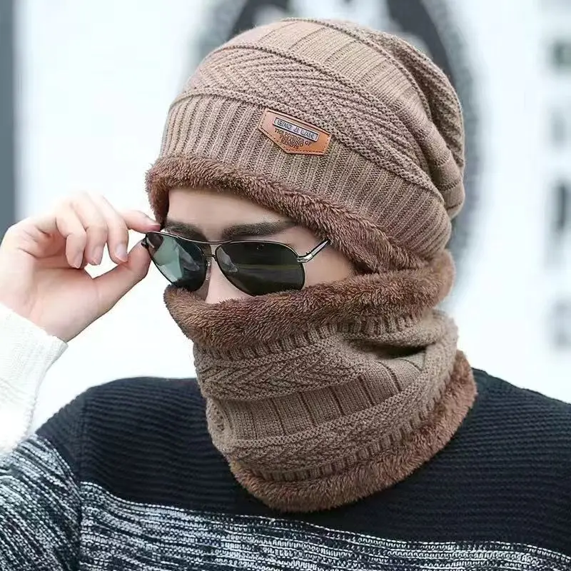Winter Hats Knit Cap Men Women Velvet Scarf Neck Protect