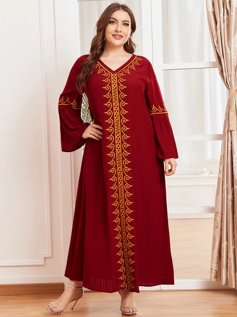 Abaya For Women Wine Ethical Embroidery Long Sleeve V-neck Moroccan Caftan Kaftan Dubai Muslim Women Robe Print Clothing