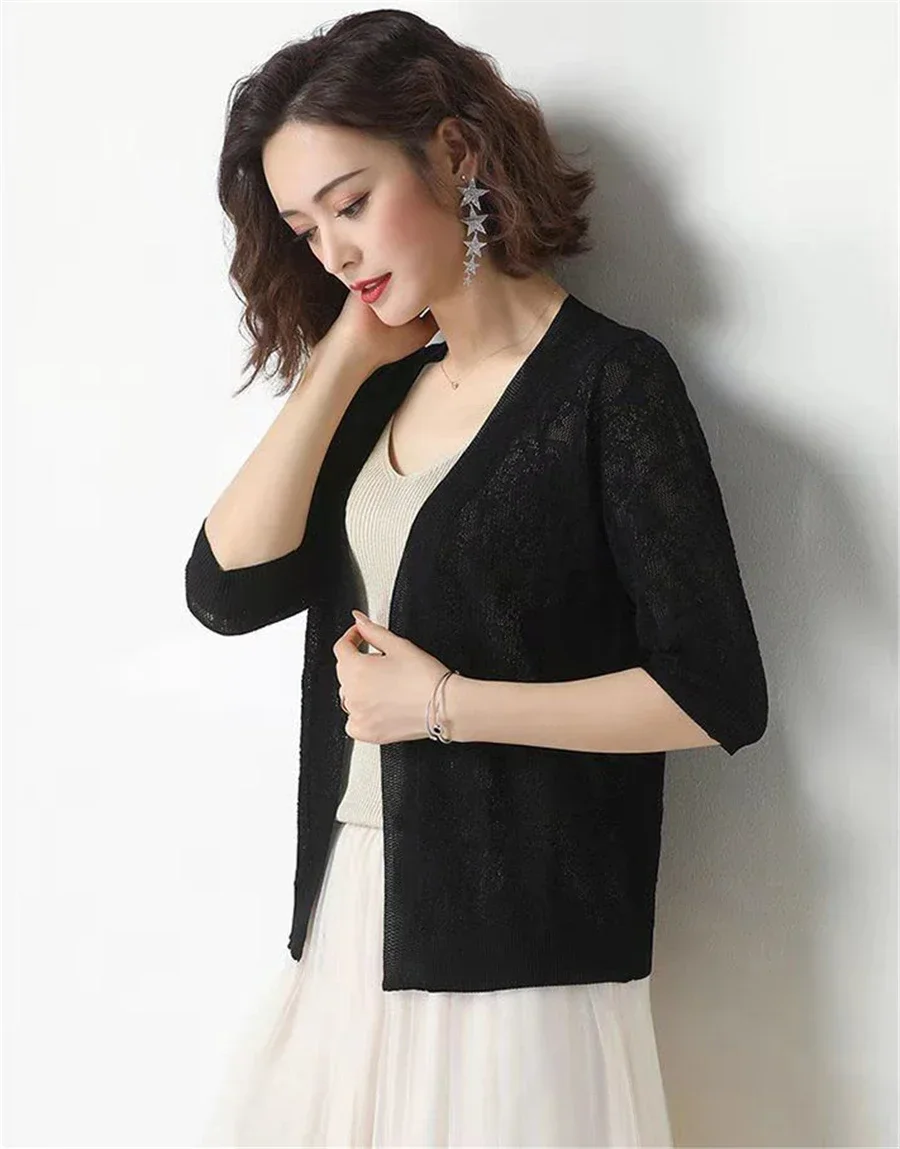 Fashion Thin Knitted Cardigan Summer Ice Silk Sun Protection Coat Women's Short Knit Sweater Fashion Hollow Out Shawl Jacket
