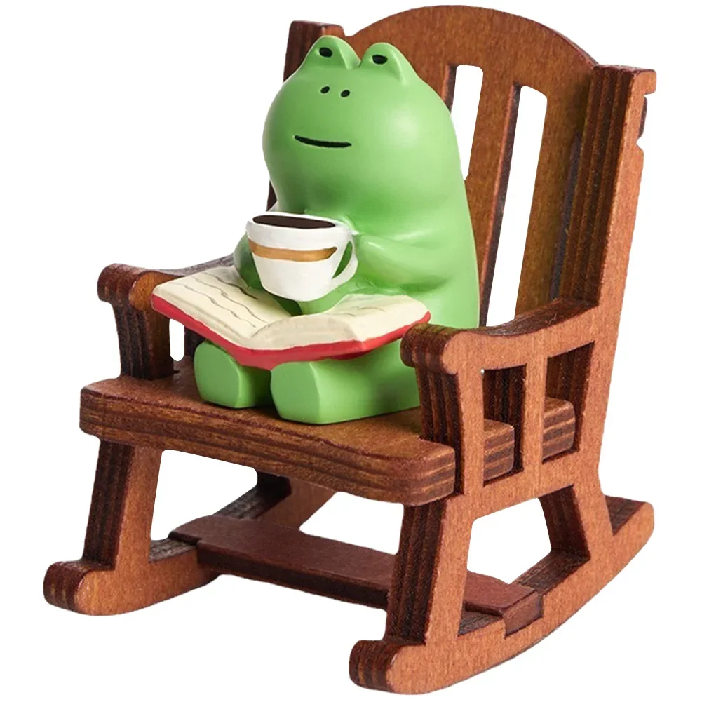 Adorable Mini Frog Resin Figurine in Rocking Chair Design with Book and Coffee Cup Decor