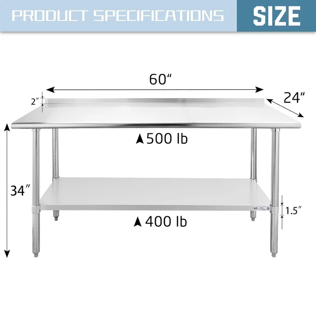 Hally Stainless Steel Table for Prep & Work 24 x 60 Inches, NSF Commercial  Heavy Duty Table with Undershelf and Galvanized Legs for Restaurant, Home