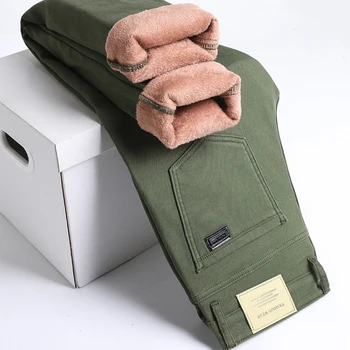 Winter Fleece Jeans Men's Cotton Soft Elastic Fit Straight Warm Plus Velvet Denim Pants Thick Fashion Korean Casual Trousers 1