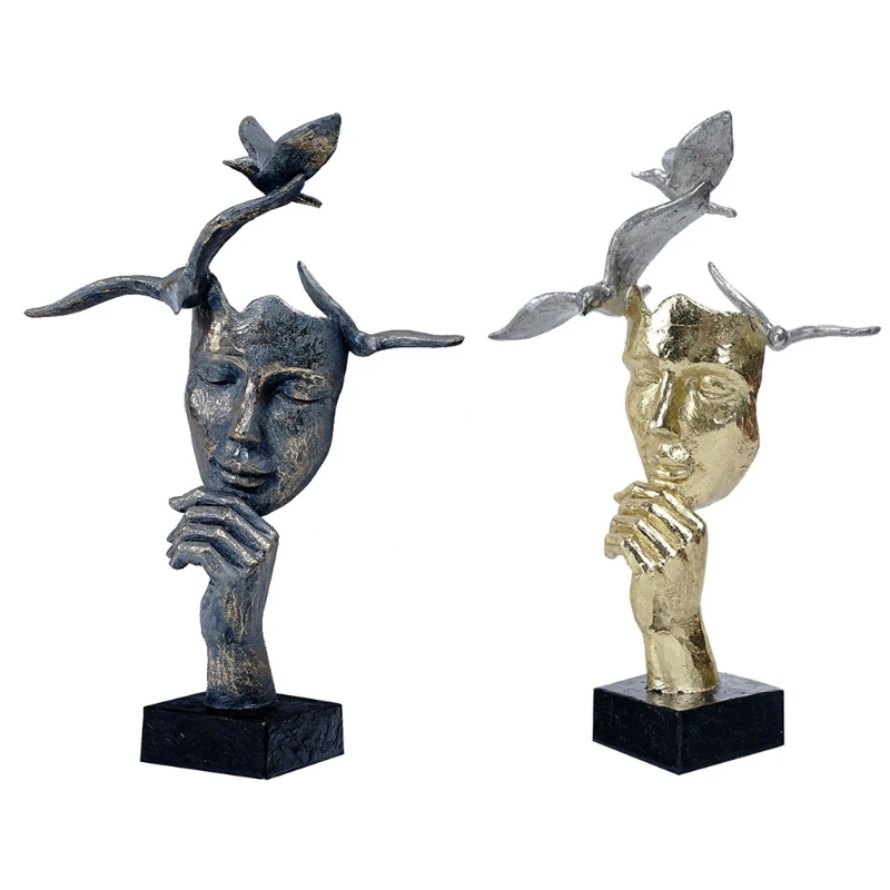 

European Nordic Resin Mask with Bird Statue Abstract Face Figurine Modern Home Sculptures Desktop Decor