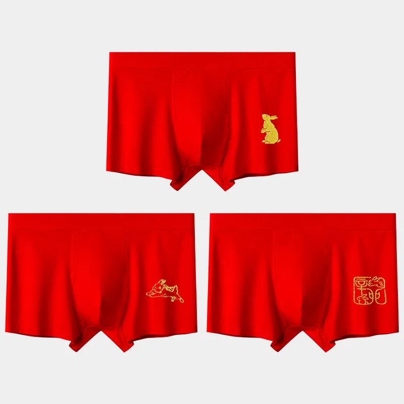 3PCS  red men's underwear pure cotton boxers youth shorts