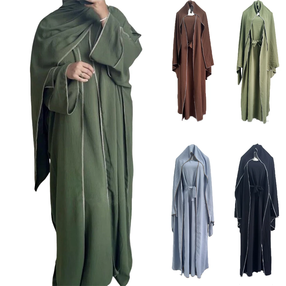 Abayas Combinando Conjuntos Muçulmanos para Mulheres, Vestido Hijab, Crepe Open Kimono, Dubai, Turquia, Vestidos Internos, Roupas Islâmicas, Ramadã, 3 pcs