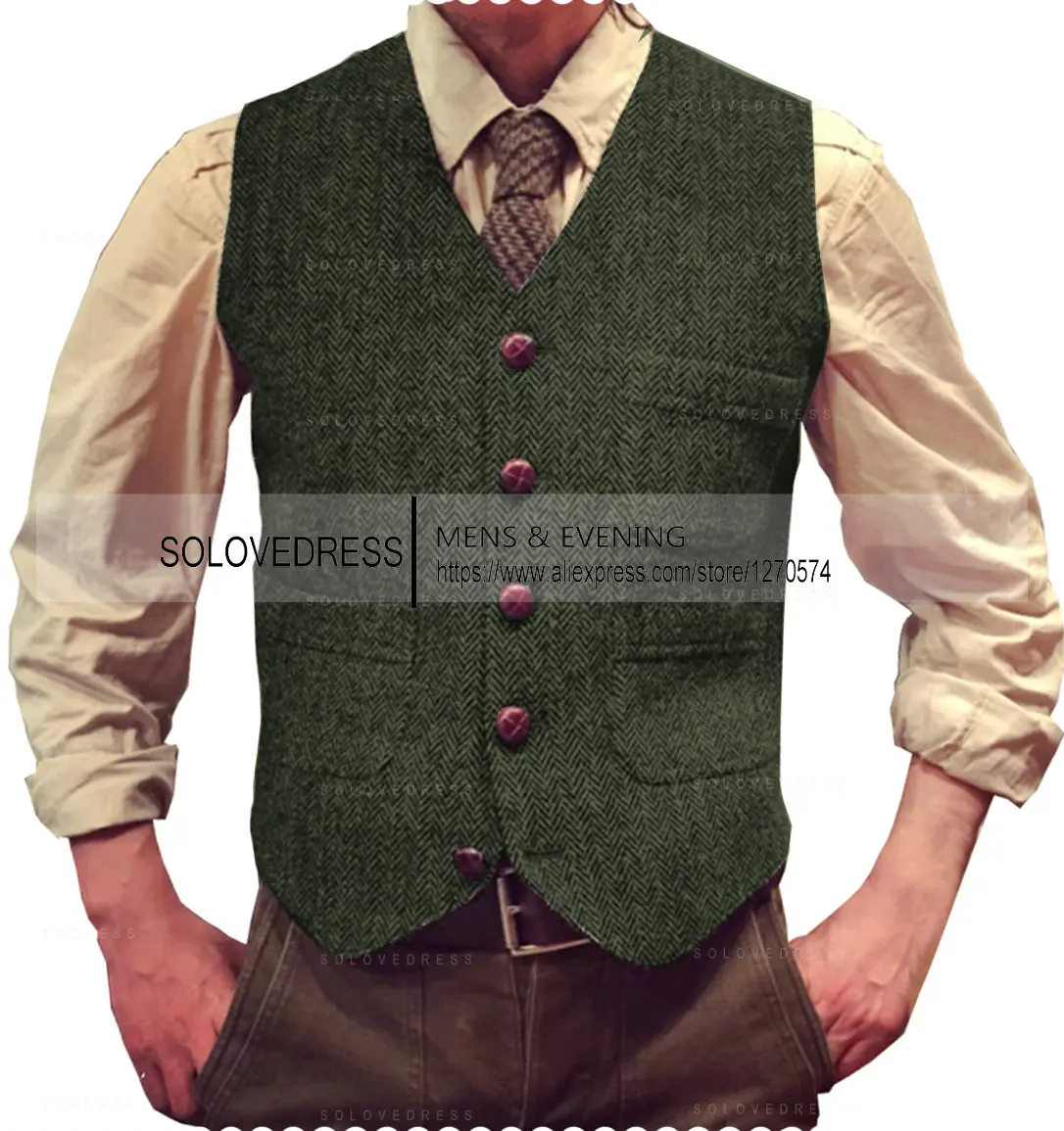 V Neck Men's Suits Vest  Herringbone Tweed  Formal Business Waistcoat Vest For Men For Wedding 5