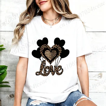 Women Clothing Leopard Heart Print T Shirt Hipster T-Shirt Casual Tshirt O Neck Leopard Graphic T Shirts Short Sleeve Clothing