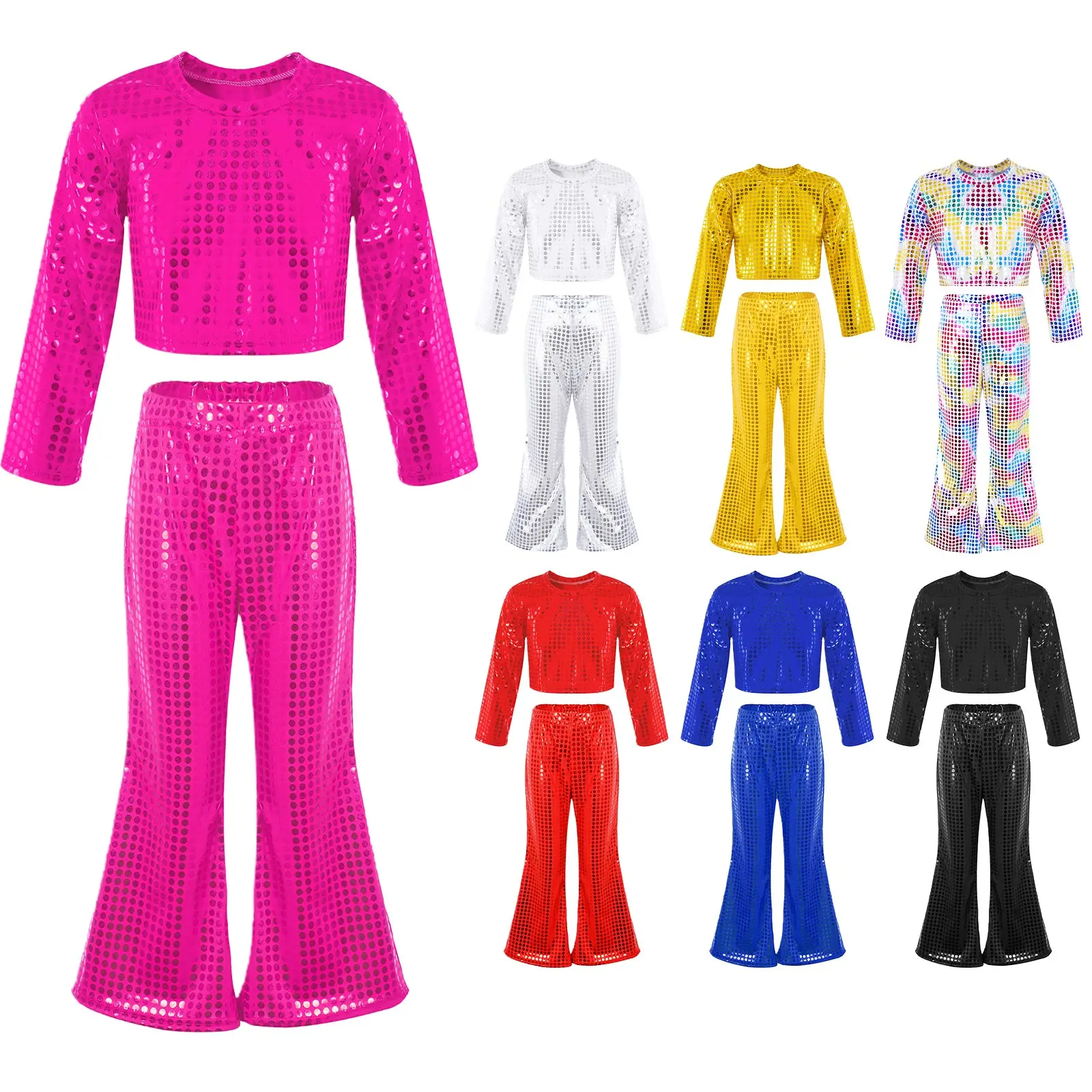 Children Girls Hip Hop Jazz Dance Stage Performance Costume Shiny Long Sleeve Crop Top with Bell-bottoms Pants Party Dancewear