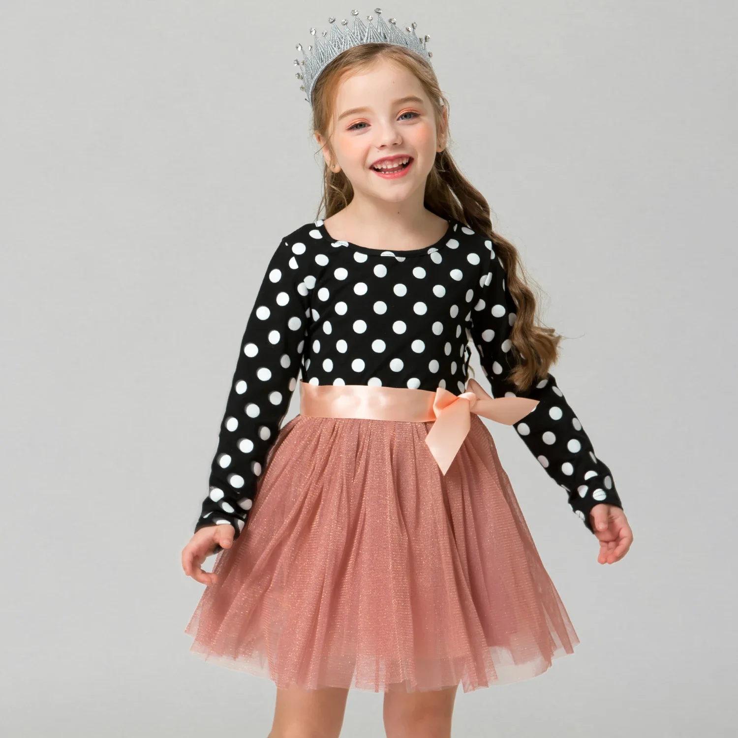 Long Sleeve Dress For Girl Polka Dot Bow Kid Clothes 2 3 4 5 6 Year Baby Tutu Birthday Outfit Party Wear Summer Dress Cloth