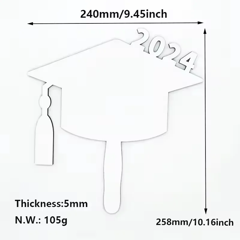 2024 졸업 핸드 팬 승화 MDF 그레이드 패들 블랭크, 맞춤형 졸업 메모리 선물, 240x258x5mm, 로트당 10 개