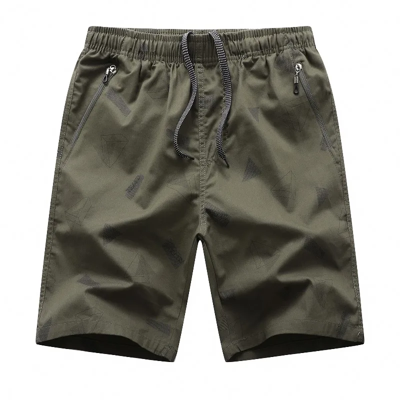 Summer Men's Geometric Zipper Bandage Printing Pockets with Elastic High Waisted Casual Loose Sports Trousers Office Lady Shorts