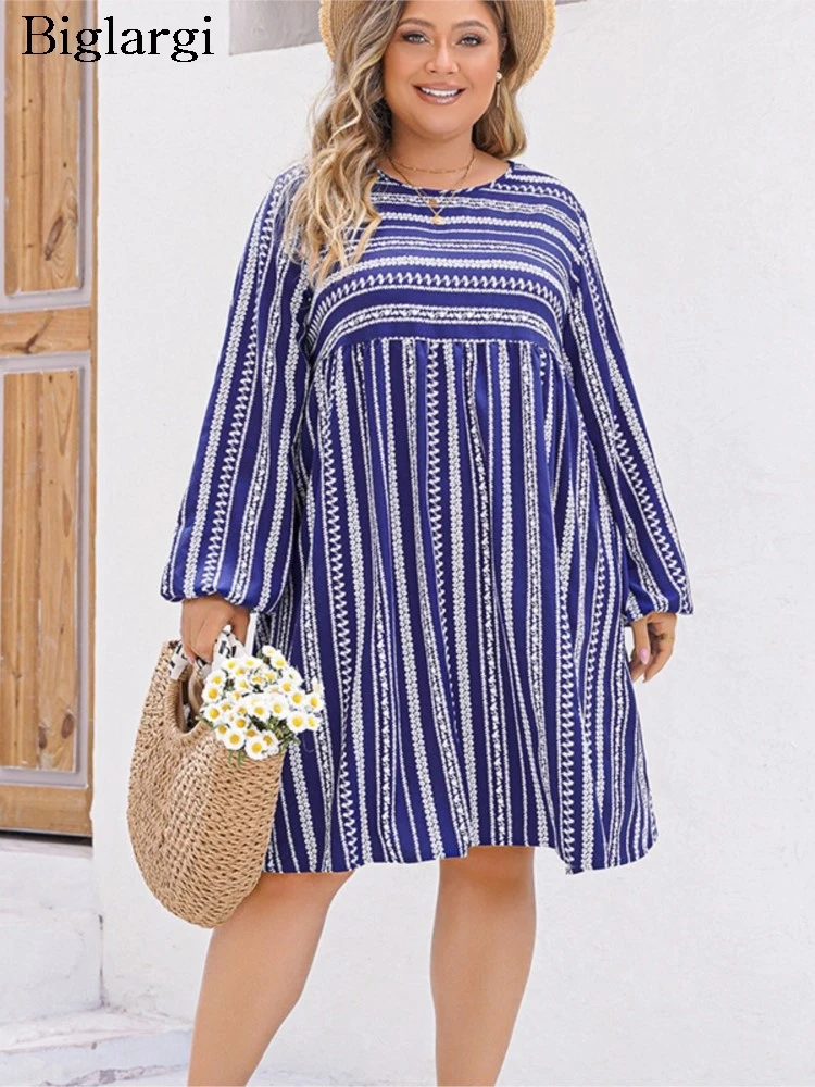 

Plus Size Spring Striped Floral Print Midi Dress Women Ruffle Pleated Loose Modis Ladies Dresses Long Sleeve Casual Woman Dress