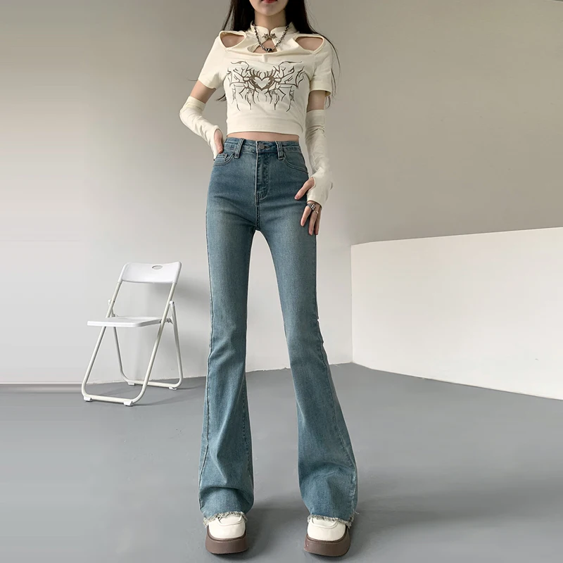 Elastic Flare Jeans Woman High Waist Trousers Vintage Blue Stretch Cotton Denim Pants Casual Comfortable Slim Fit Jean Raw Edge