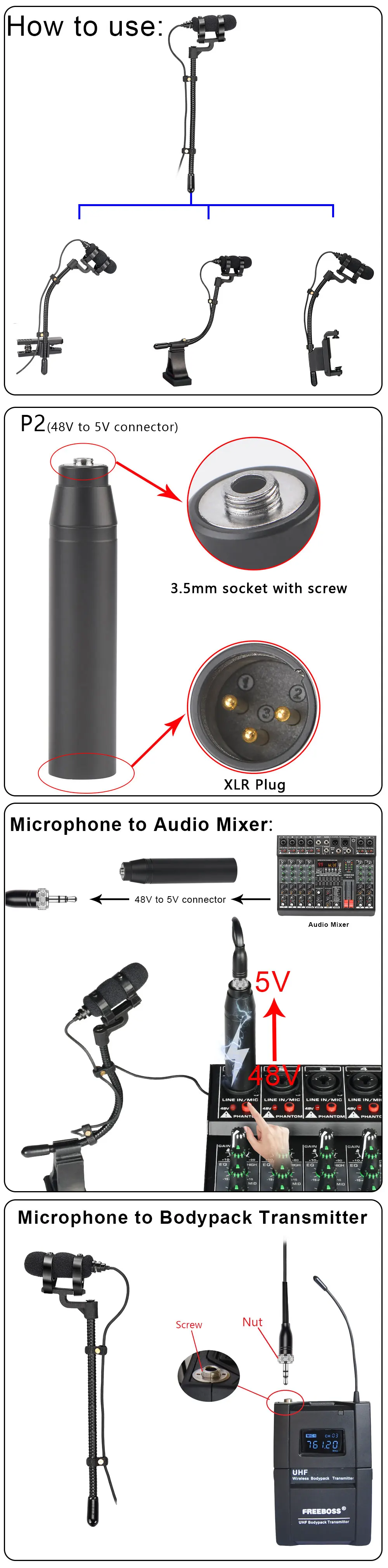 FREEBOSS 3.5mm with Nut Saxophone Mic Condencer Hypercardioid Music Instrument Wired Microphone for Trumpet Violin IM-22-L4