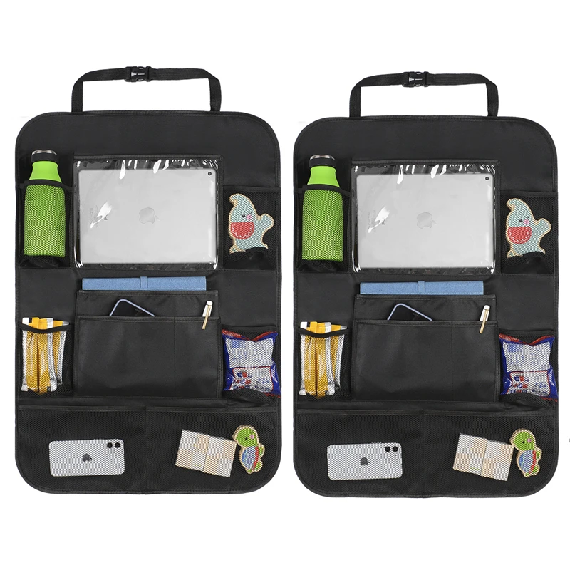 Car Backseat Organizer with Table Holder 9 Storage Pockets Seat Back Protectors Kick Mats for Kids Toddlers Travel Accessories