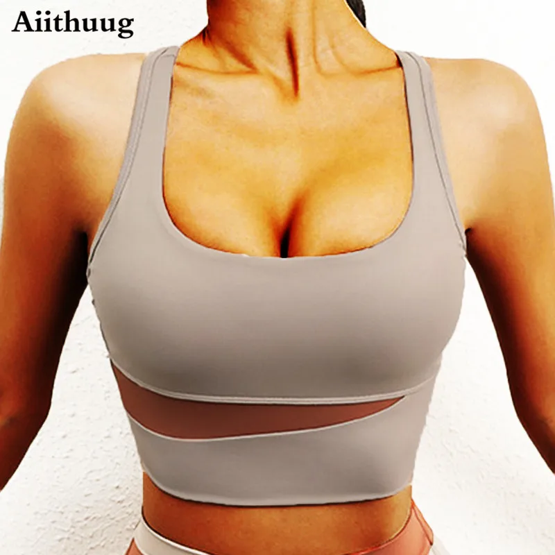 

Aiithuug Splicing Yoga Bra Longline Gym Workout Bras Racerback Sports Bra Removable Padded Crop Wireless Sports Bras for Women