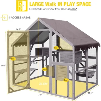 Catio Outdoor Cat Enclosure Large Cat Run with Bridges, Walks, Small Houses, Roof Cover 28.27 ft² 6