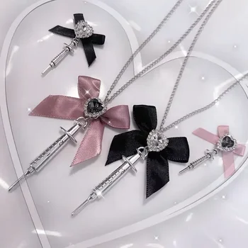 2024 New Love Heart Bowknot Metal Syringe Pendant Necklace for Women Dark Lolita Cool Trend Jewelry Gothic Fashion Accessories 1