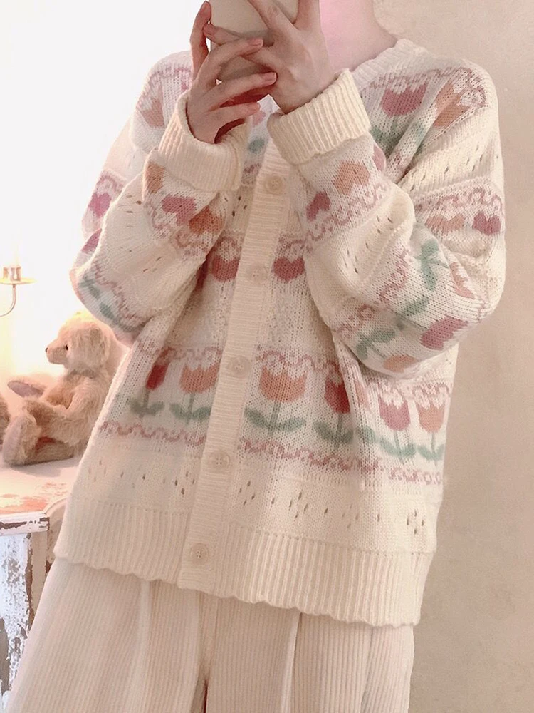 

Jmprs Sweet Hollow Out Knitted Cardigan Women Fashion Print Long Sleeve Lazy Wind Japan Sweaters Autumn Loose Casual Outwear