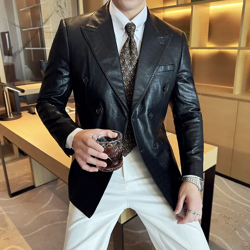 Square Grid Double Breasted Leather Jacket Men Suit Blazer Tuxedos