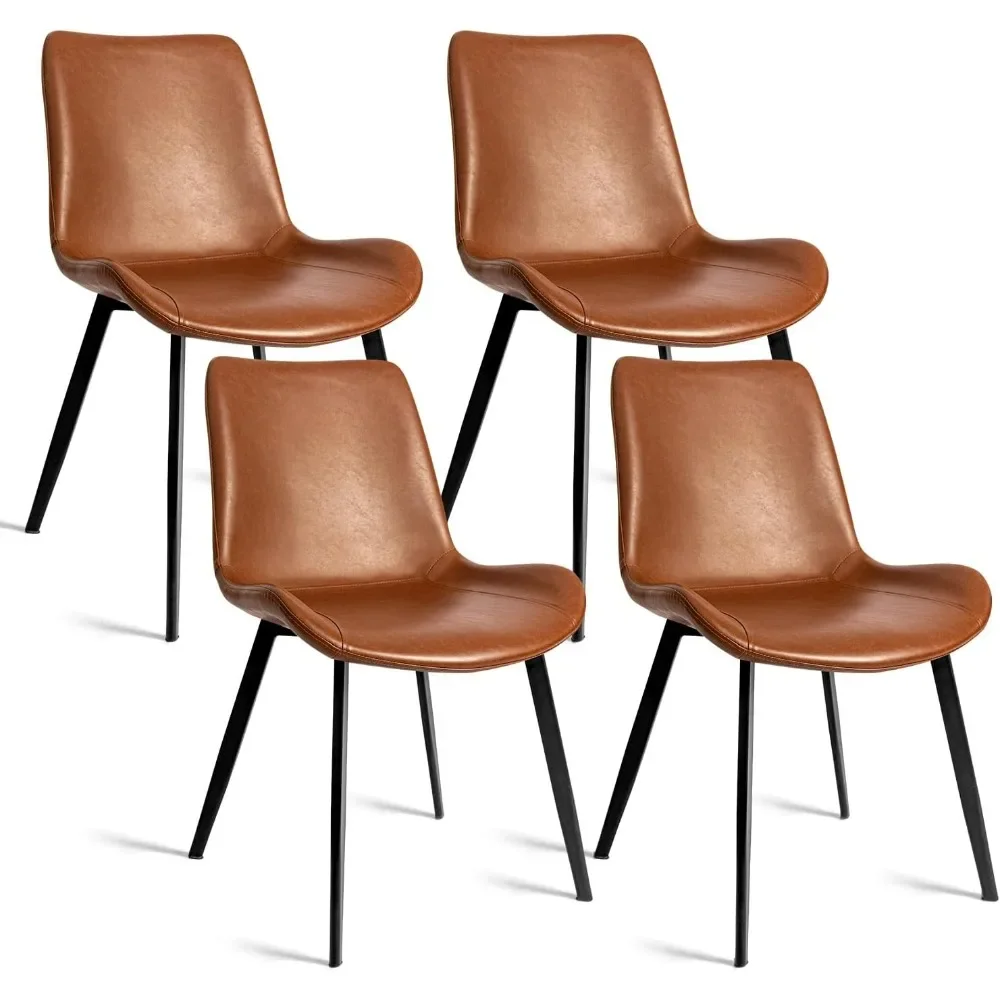 Modern faux leather dining chair, PU cushion seat back, metal legs for kitchen and dining room side chairs, set of 4, brown