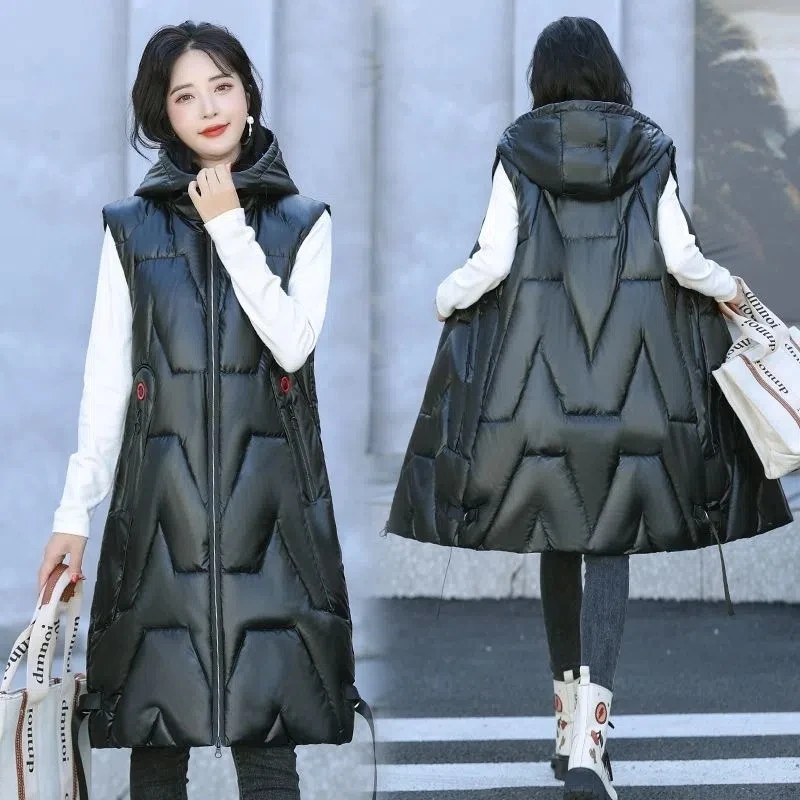 Long Hooded Down Cotton Vest 2022 Autumn Winter Jacket Vest Jackets Outwear Waistcoat Loose Fat Female's Sleeveless Coat Retro