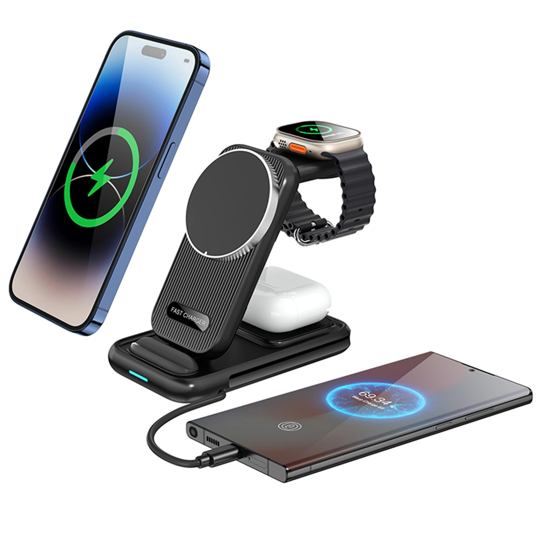 

4 in 1 Magnetic Wireless Charger Foldable Compatible Qi Smartphone Airpods for Samsung / Apple Watch for Iphone 15 14 13 Pro Max