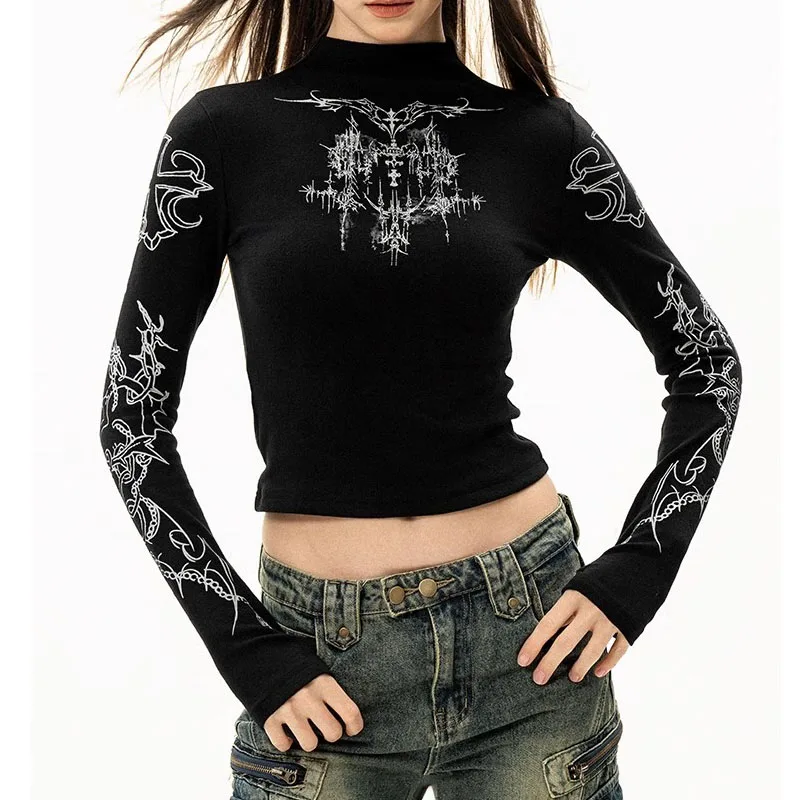 Grunge Women T-Shirt Y2k Aesthetics Half high neck Tees
