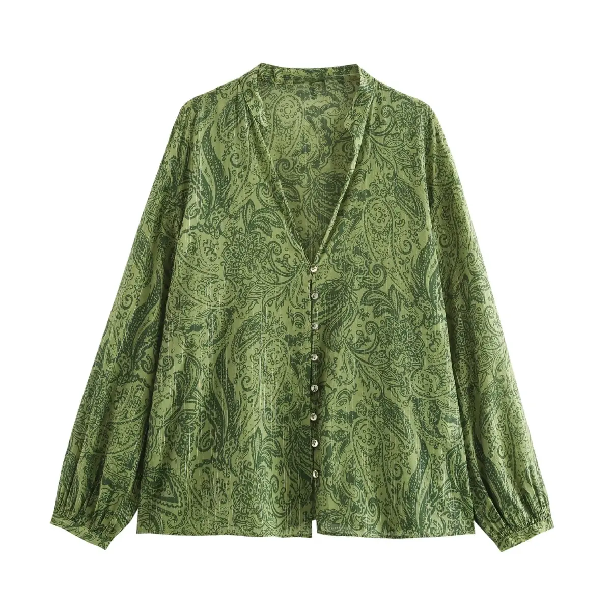 thumbnail image 1 of HH TRAF Camisa informal ajustada con estampado verde para mujer 2024, blusas holgadas de manga larga con escote en V y botonadura sencilla a la moda para mujer, 1 of 5