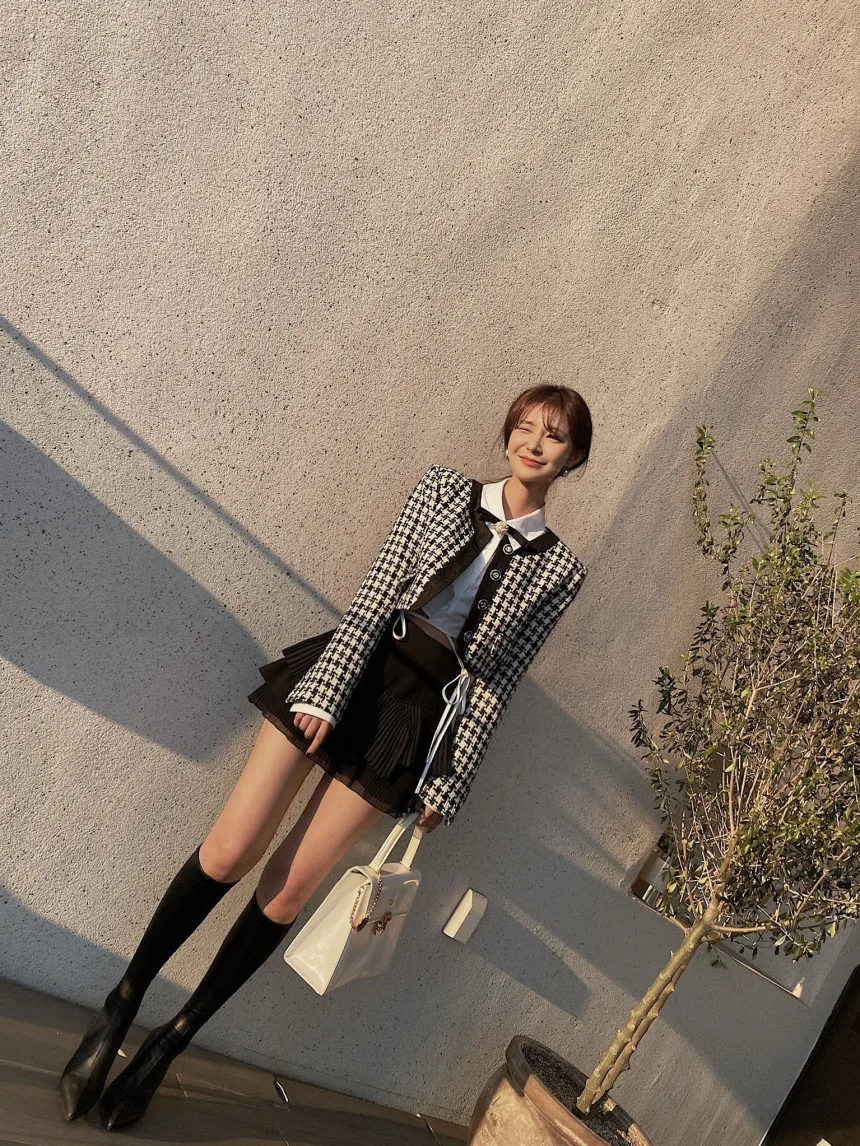 Elegant Cropped Jacket Women French Vintage Single Breasted Long Sleeve O-neck Top Autumn Y2k All-match Houndstooth Coats New