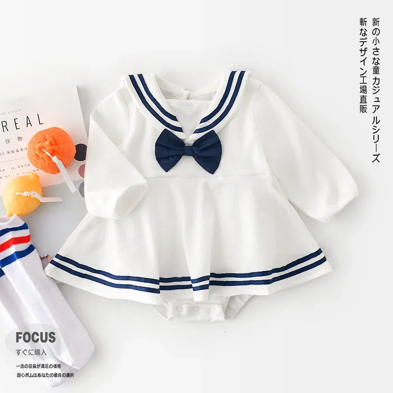 

Spring Autumn Baby Girl Newborn Bodysuits Tops Children's Navy Neck Bow Long sleeve Clothes
