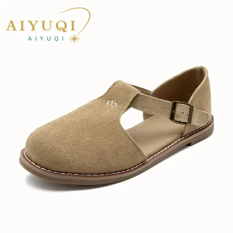 AIYUQI Retro Frosted Leather Women's Roman Sandals - Flat-Soled Hollow Design