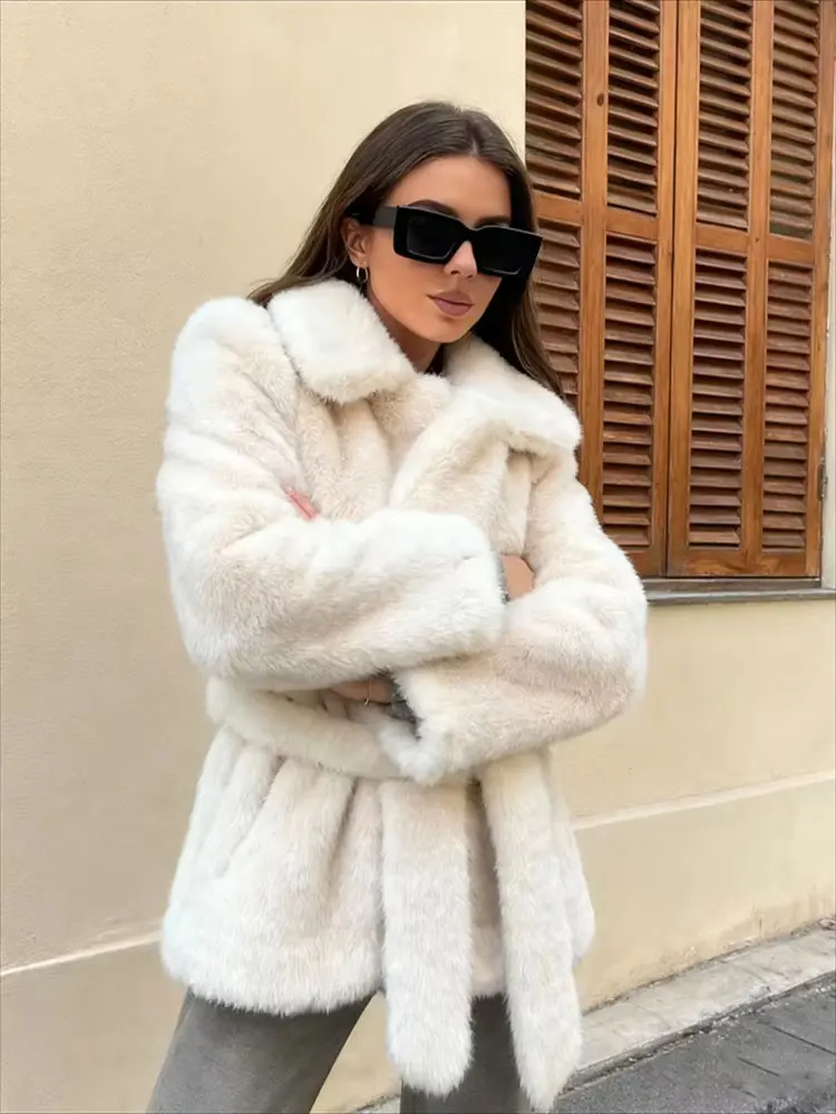 HH Women Elegant Solid Faux Fur Coats Casual Winter Warm Outwear Lapel Long Sleeve Jacket With Belt Fashion Female Streetwear