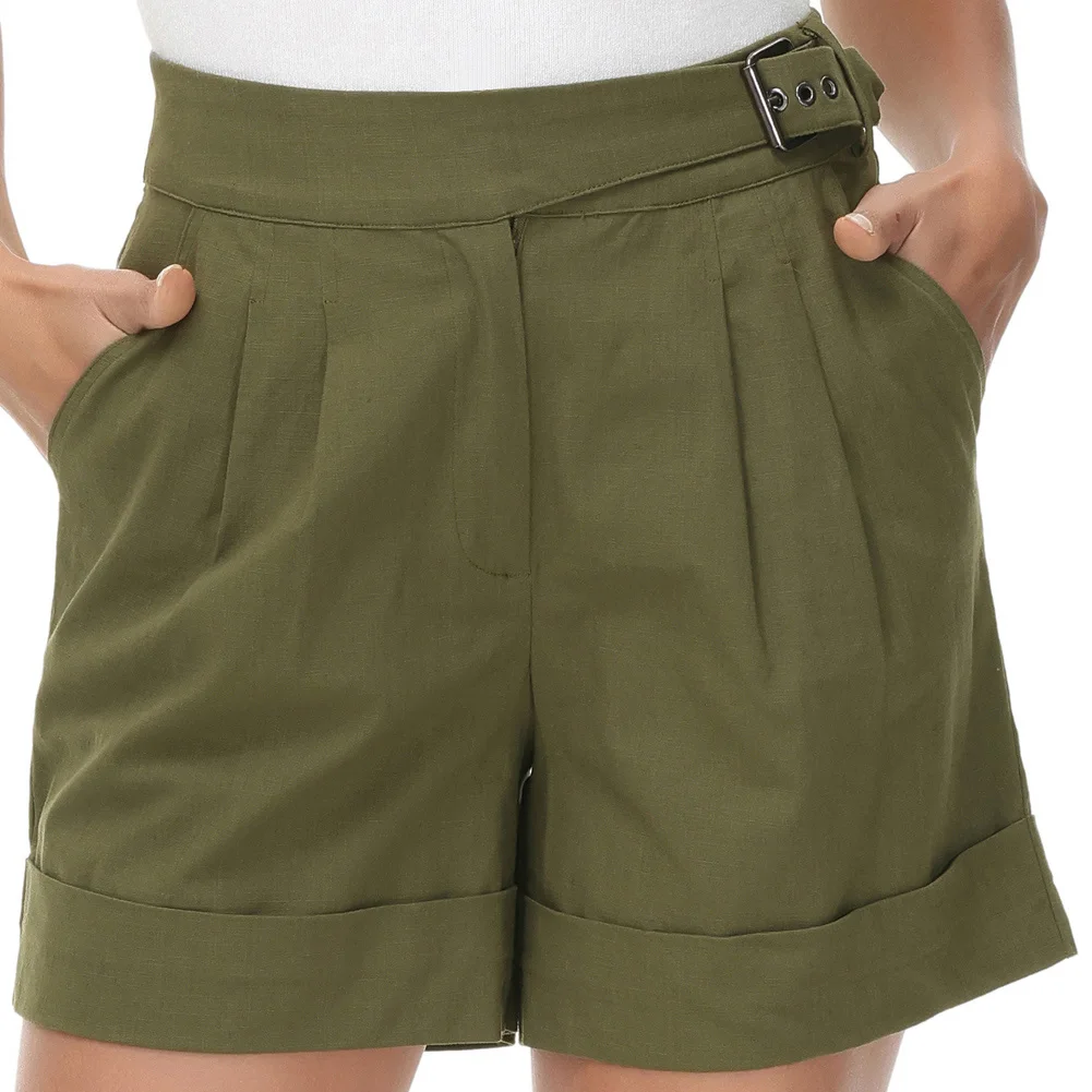 BP Women Summer Vintage Cotton Shorts Elastic High Waist A-Line Short Pants With Pockets Elegant Lady Wide Leg Shorts A30