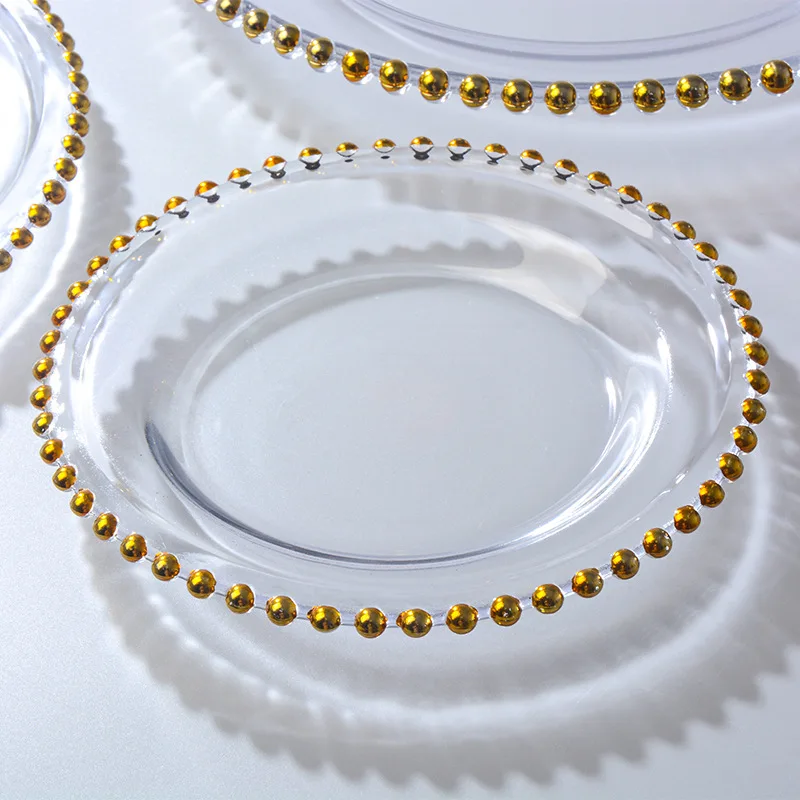 Factory 8 Inch Gold Silver Rim Clear Beaded Point Glass Dish Charger Plate