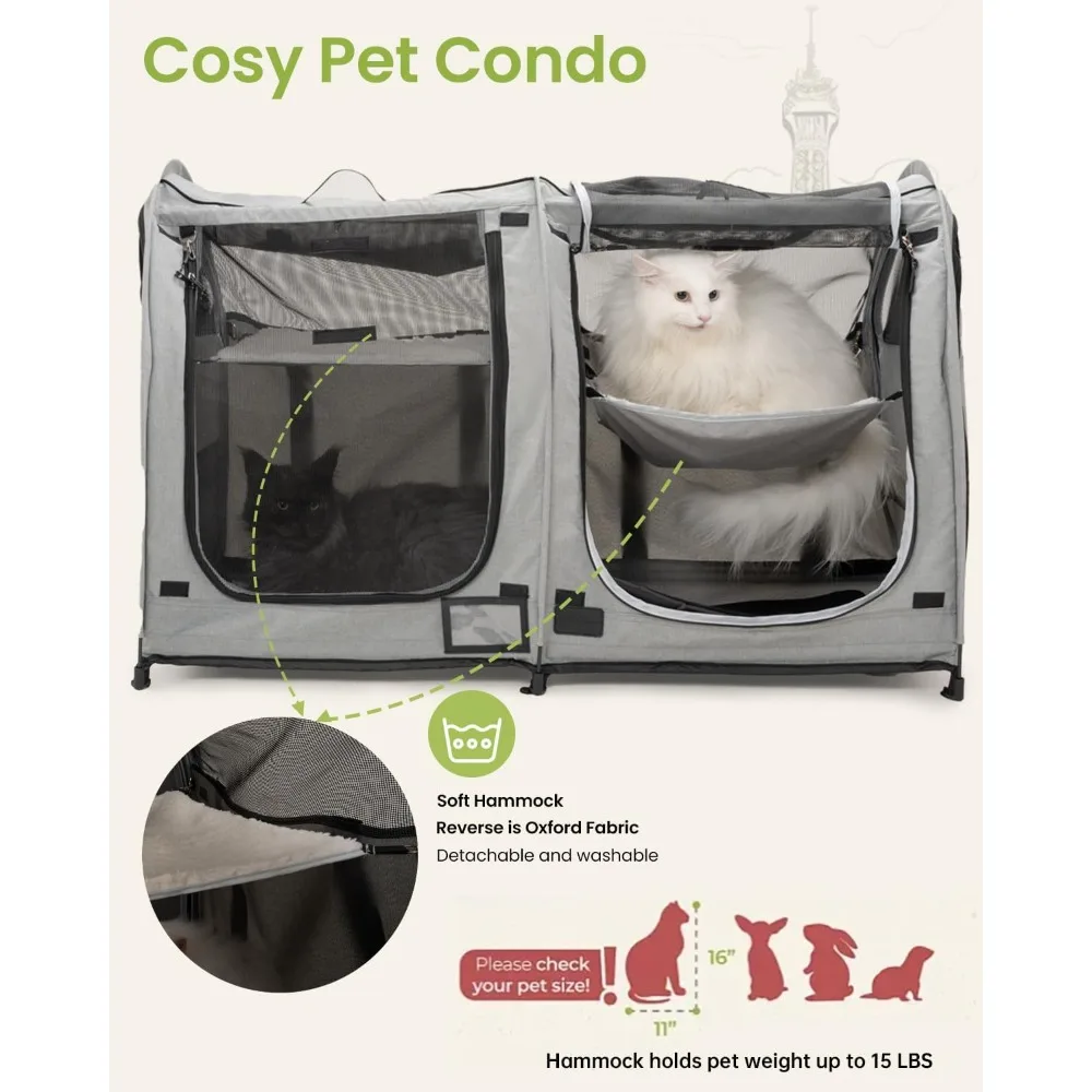 Portable Dual-Section Cat Enclosure with Travel Carrier, Cozy Dog Crate with Carry Bag, 2 Hammocks and Mats & Collapsible